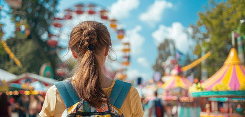 Woman exploring vibrant amusement park with colorful rides