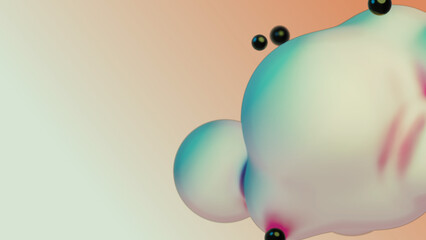 Liquid fluid dynamic abstract animated white metaball floating spheres blobs drops bubbles in transition deformation beige background with black little pearls 3d render for presentation business adds