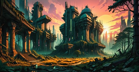 Fototapeta premium gothic baroque cyberpunk city tower building palace at sunset. sci-fi lo-fi futuristic society goth overgrown architecture. fantasy landscape.