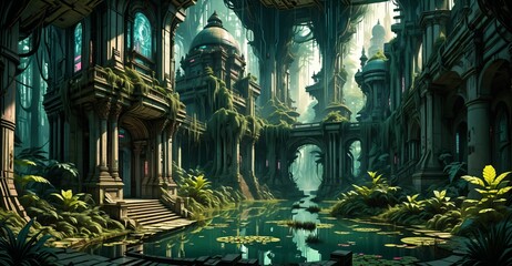Fototapeta premium gothic baroque city palace in woodland forest wetlands. fantasy overgrowth cyberpunk town house castle in marsh swamp river pond lake water.