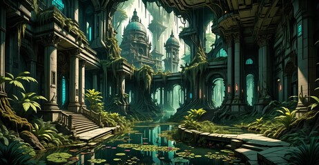 Fototapeta premium gothic baroque city palace in woodland forest wetlands. fantasy overgrowth cyberpunk town house castle in marsh swamp river pond lake water.