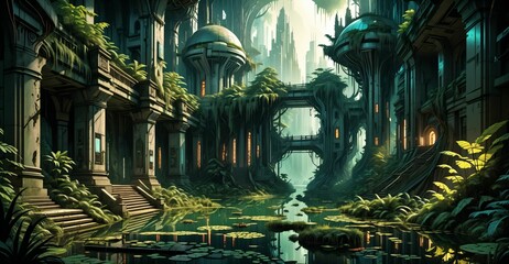 Fototapeta premium gothic baroque city palace in woodland forest wetlands. fantasy overgrowth cyberpunk town house castle in marsh swamp river pond lake water.