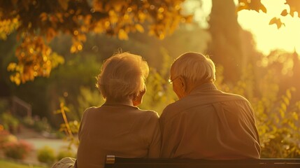 A serene scene of an elderly couple enjoying their retirement in a beautiful garden, reviewing their retirement plan documents, symbolizing peace and fulfillment