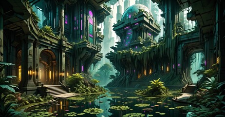 Fototapeta premium gothic baroque city palace in woodland forest wetlands. fantasy overgrowth cyberpunk town house castle in marsh swamp river pond lake water.