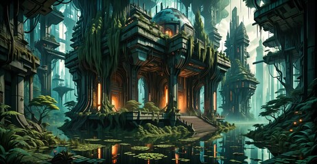 Fototapeta premium gothic baroque city palace in woodland forest wetlands. fantasy overgrowth cyberpunk town house castle in marsh swamp river pond lake water.