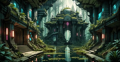 Fototapeta premium gothic baroque city palace in woodland forest wetlands. fantasy overgrowth cyberpunk town house castle in marsh swamp river pond lake water.