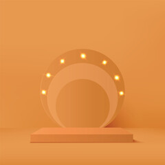 3d orange color podium with lighting and minimal orange wall scene Vector