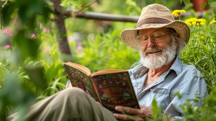 A retired individual enjoying their retirement income by relaxing in a lush garden, holding a book on retirement planning, symbolizing peace and contentment in their golden years