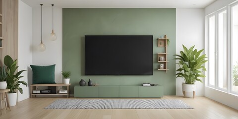 Fototapeta premium Frame mockup, Pastel TV room with green armchair and decoration accessory. 3D render