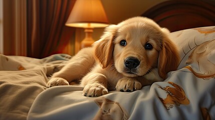 Obraz premium playful golden retriever bed