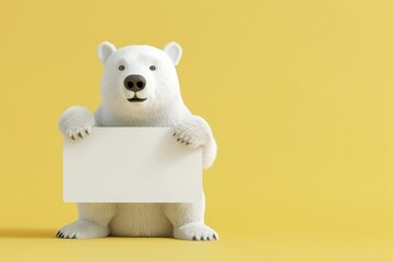 A white polar bear is holding a blank sign