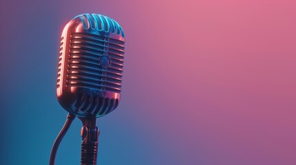 Vintage microphone with pink and blue lighting on gradient background Copy space