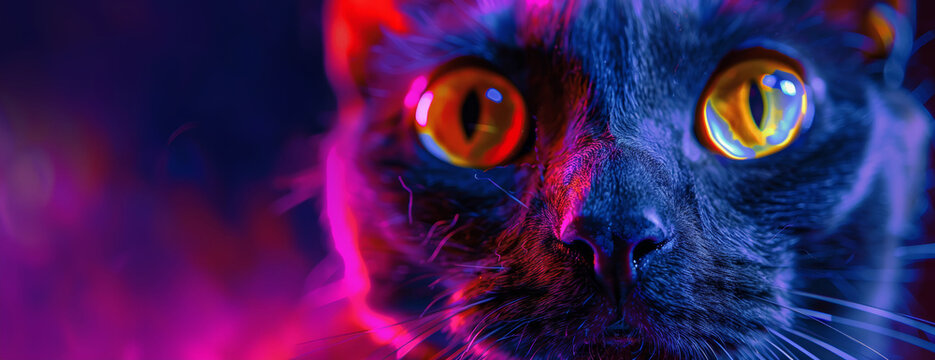 Close-Up Portrait of a Black Cat with Reflective Eyes in Vibrant Neon Lights