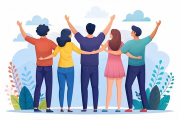 Obraz premium happy young men and women celebrating success. happy family, people, friends, friendship, happiness and happiness concept. flat style vector illustration