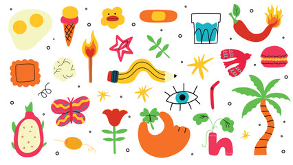 Colorful hand-drawn vector doodles featuring a variety of fun elements.