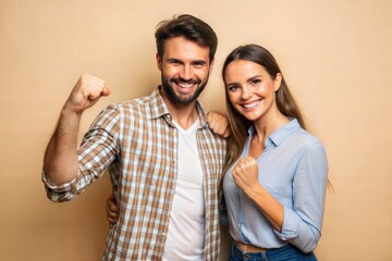 young beautiful couple in love standing over isolated white background doing happy gesture with hand, fingers and approving, looking at the camera with success success