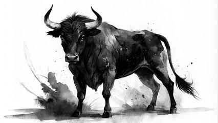 Naklejka premium A black and white bull grazes peacefully in a field