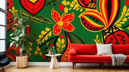 A colorful floral wallpaper is on the wall above a red couch