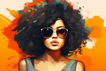 Beautiful girl with curly hair and sunglasses exudes style and confidence.