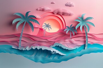 Stunning 3D paper art of a tropical island with palm trees, Pastel colors, Detailed layers, Serene ocean landscape