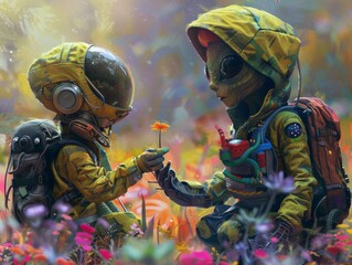 Fototapeta premium Two imaginative astronauts in yellow suits exchange a flower in a colorful, otherworldly landscape with vibrant, whimsical surroundings.