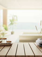 A space for displaying products on a wooden tabletop in a spacious, luxurious hotel bathroom.