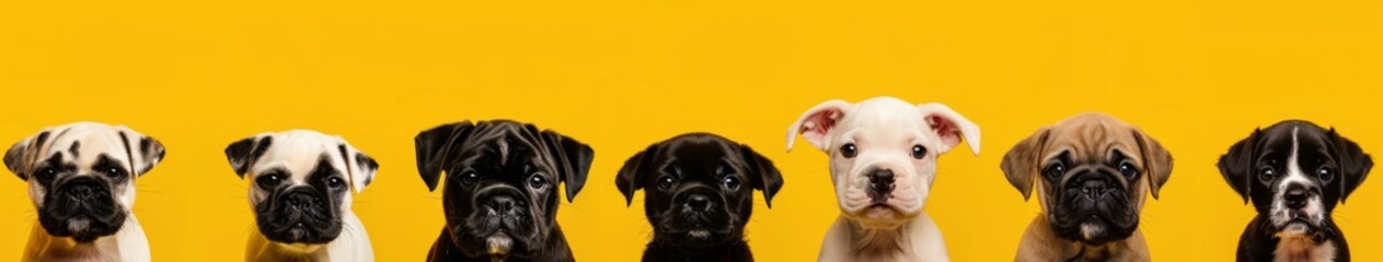 Obraz premium Set of 6 dog puppies, shar pei, yorkshire terrier, dalmatian, labrador retriever, chihuahua, bulldog portrait avatar isolated on bright yellow background cutout, HD wallpaper, background, Generated by
