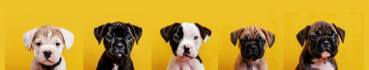 Obraz premium Set of 6 dog puppies, shar pei, yorkshire terrier, dalmatian, labrador retriever, chihuahua, bulldog portrait avatar isolated on bright yellow background cutout, HD wallpaper, background, Generated by