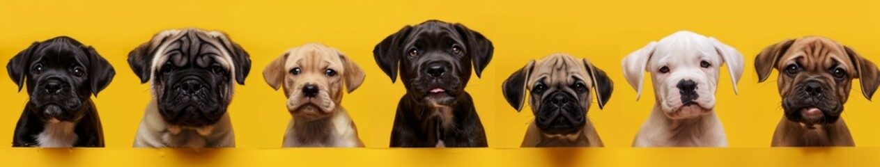 Fototapeta premium Set of 6 dog puppies, shar pei, yorkshire terrier, dalmatian, labrador retriever, chihuahua, bulldog portrait avatar isolated on bright yellow background cutout, HD wallpaper, background, Generated by