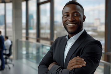 Successful black male businessman. Portrait of attractive young black man in business suit standing against modern office background smiling looking at camera