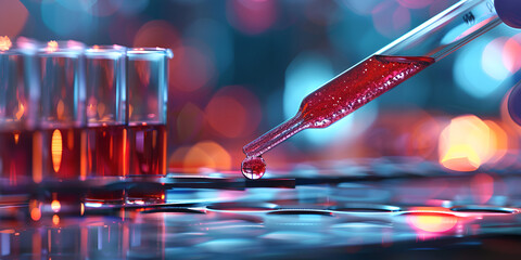 Close-up of laboratory pipette with red liquid and test tubes | High-detail view of red sample being transferred with precision in a lab