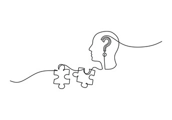 Head with puzzle piece continuous line drawing. Problem solving solution business concept Vector.