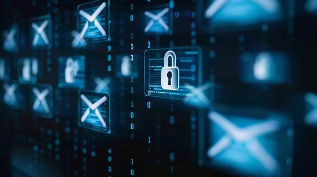 Email security concept with padlock - This represents cybersecurity and data protection with icons of email envelopes and a central padlock