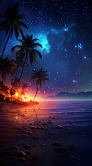 Obraz premium Tropical paradise night , stars , glowing palmtrees, generative ai