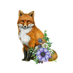 Fototapeta premium Hand painted fox with flower decor. Vintage style watercolor illustration. Hand drawn cute red foxy with garden flowers decoration element. Red fox with flowers on white background