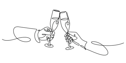 Hands hold wine clinking glasses continuous line drawing. Decoration, holidays and romantic concept.