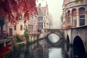 Naklejka premium a boat along a narrow canal as the building, generative ai