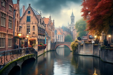 Naklejka premium a boat along a narrow canal as the building, generative ai