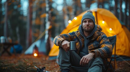 Man Sitting Inside Tent in Woods Portrait