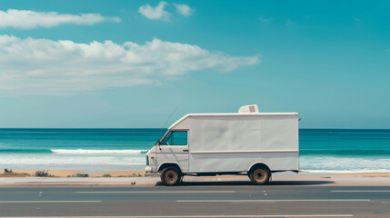 mock up clean white food truck, stopped on the side of the road near the beach, with calm sea waves and blue sky, Ai generated Images