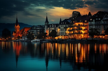 Fototapeta premium the city skyline of dubai on a lake, generative ai