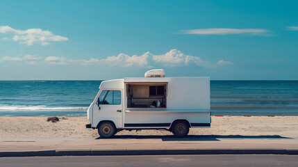 mock up clean white food truck, stopped on the side of the road near the beach, with calm sea waves and blue sky, Ai generated Images
