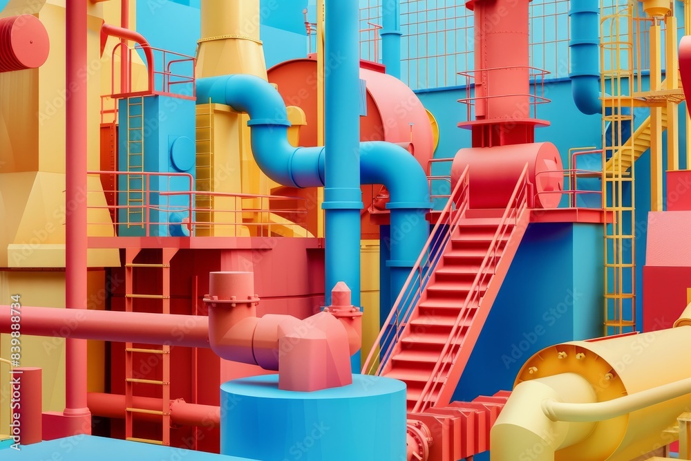 Canvas Prints a colorful industrial building with yellow pipes and a pink pipe - Canvas Prints