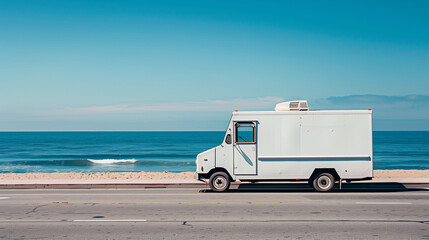 mock up clean white food truck, stopped on the side of the road near the beach, with calm sea waves and blue sky, Ai generated Images