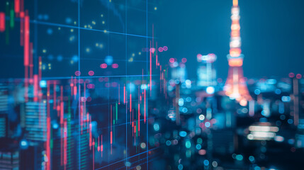 世界経済、株価の動き、東京の風景を背景にした背景素材イメージ写真