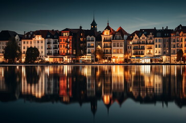 Naklejka premium the city skyline of dubai on a lake, generative ai