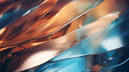 Abstract background of intertwining metallic and glass-like surfaces in blue and copper. Futuristic and elegant design for various uses.