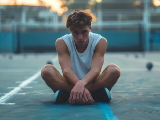 Young Male Athlete Sitting Alone and Feeling the Agony of Defeat After a Sports Match