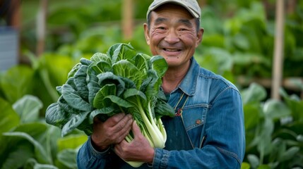 Obraz premium farmer smiling while holding a bunch of bok choy and pak choi generative ai