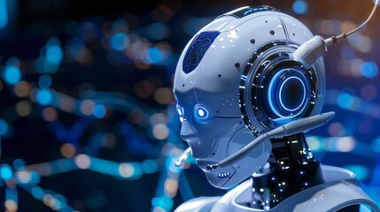 Fototapeta premium Advanced humanoid robot head close-up - A futuristic humanoid robot with intricate detailing and illuminated elements showcasing AI technology